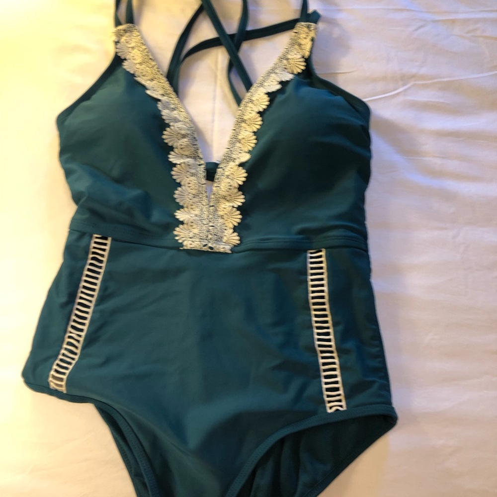 Time and Tru Green and White One Piece Swimsuit